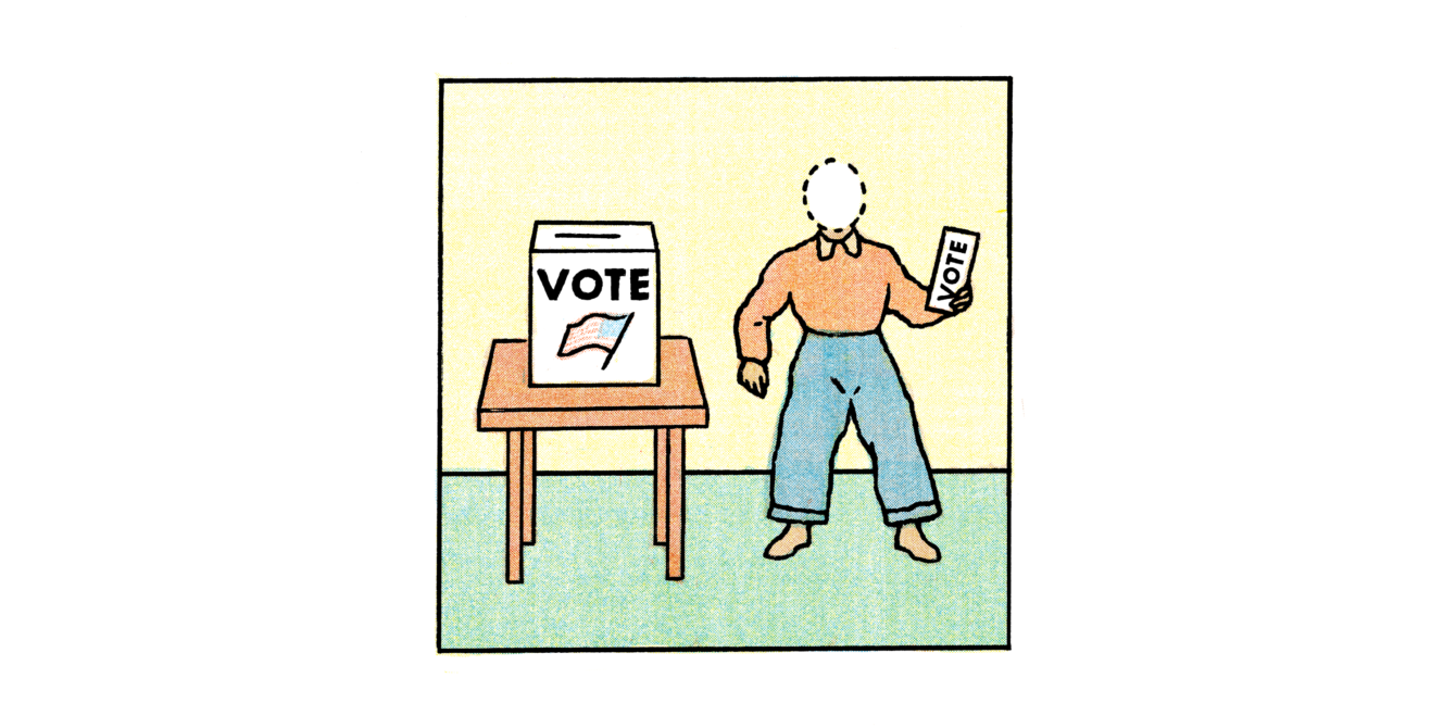 An illustration of a voter with no face standing by a ballot box.