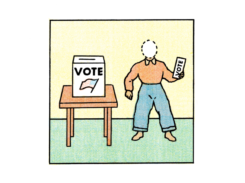 An illustration of a voter with no face standing by a ballot box.