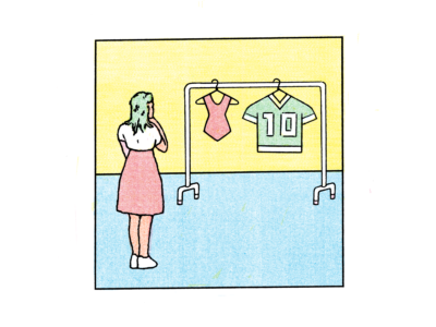 Illustration of a young girl looking at a clothing rack with a swimsuit and a football jersey.