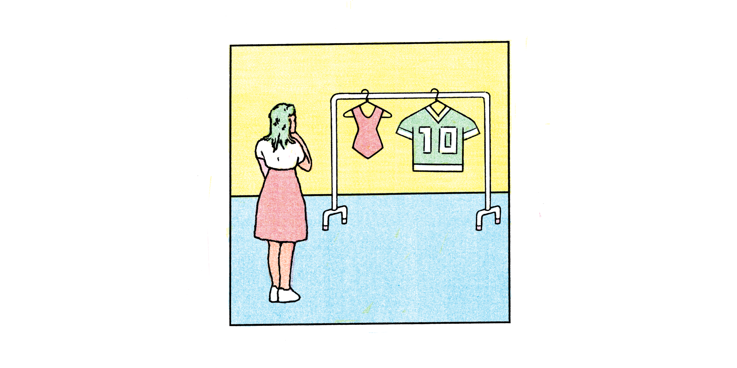 Illustration of a young girl looking at a clothing rack with a swimsuit and a football jersey.