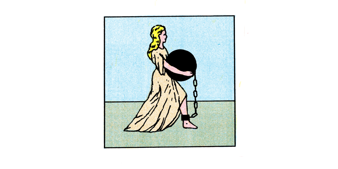 An illustration of a woman with a ball and chain attached to her ankle as she carries the ball at her stomach.
