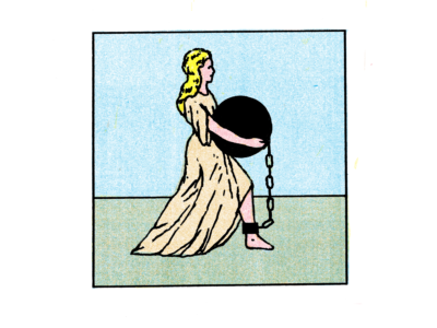 An illustration of a woman with a ball and chain attached to her ankle as she carries the ball at her stomach.